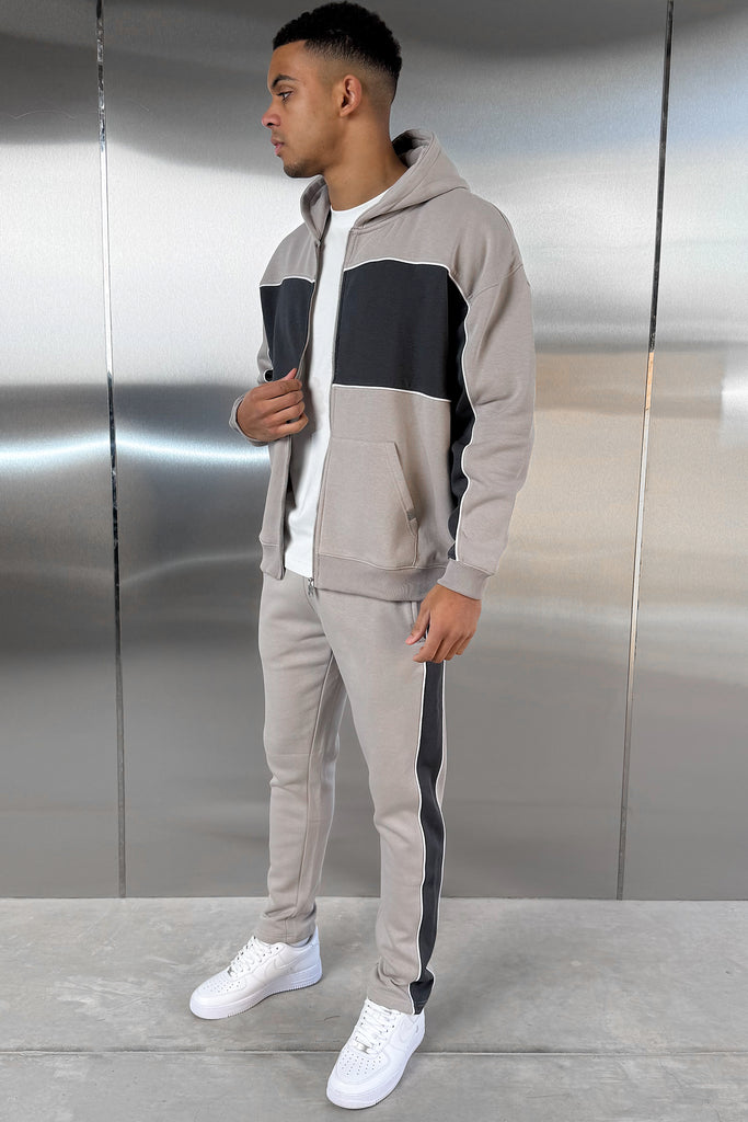 Panelled Relaxed Zip Through Hoodie - Grey