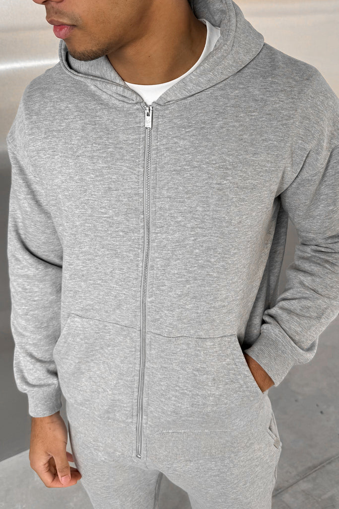 Relaxed Fit Zip Through Hoodie - Grey Marl