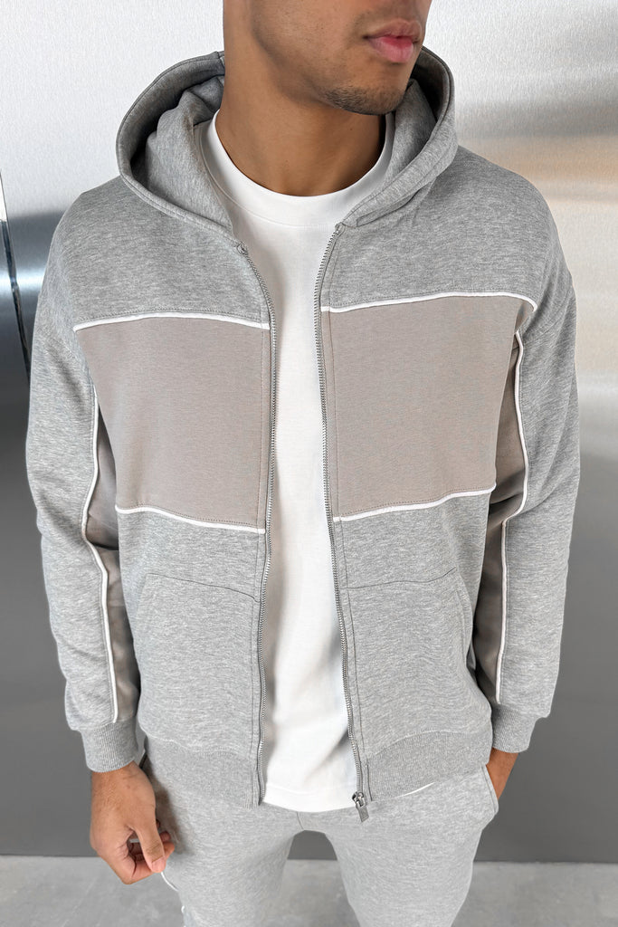 Panelled Relaxed Zip Through Hoodie - Grey Marl