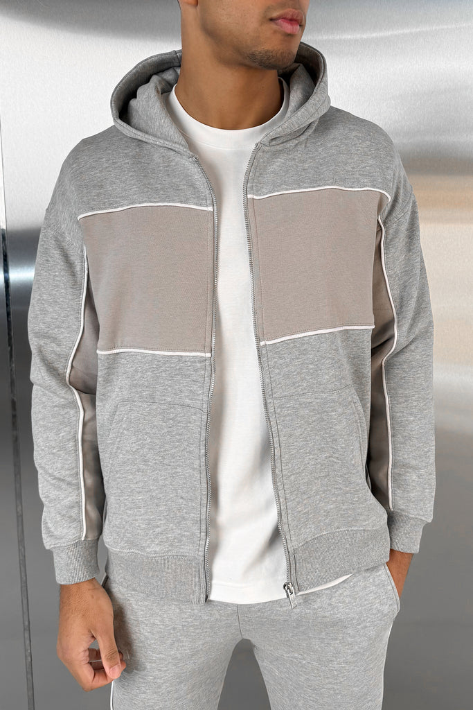 Panelled Relaxed Zip Through Hoodie - Grey Marl