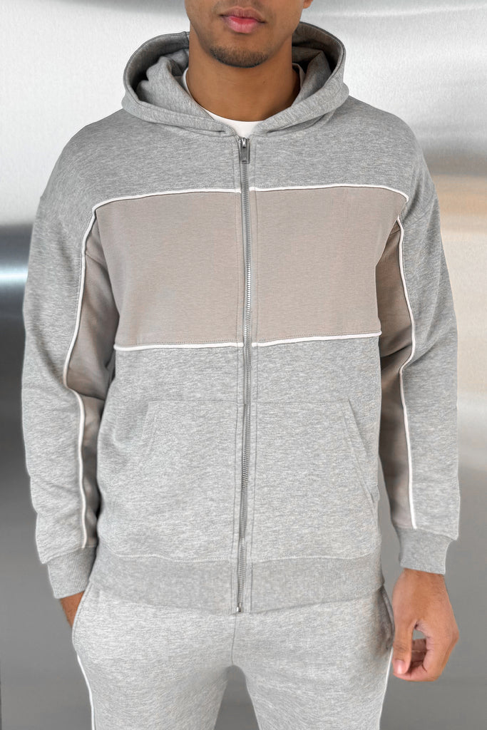 Panelled Relaxed Zip Through Hoodie - Grey Marl