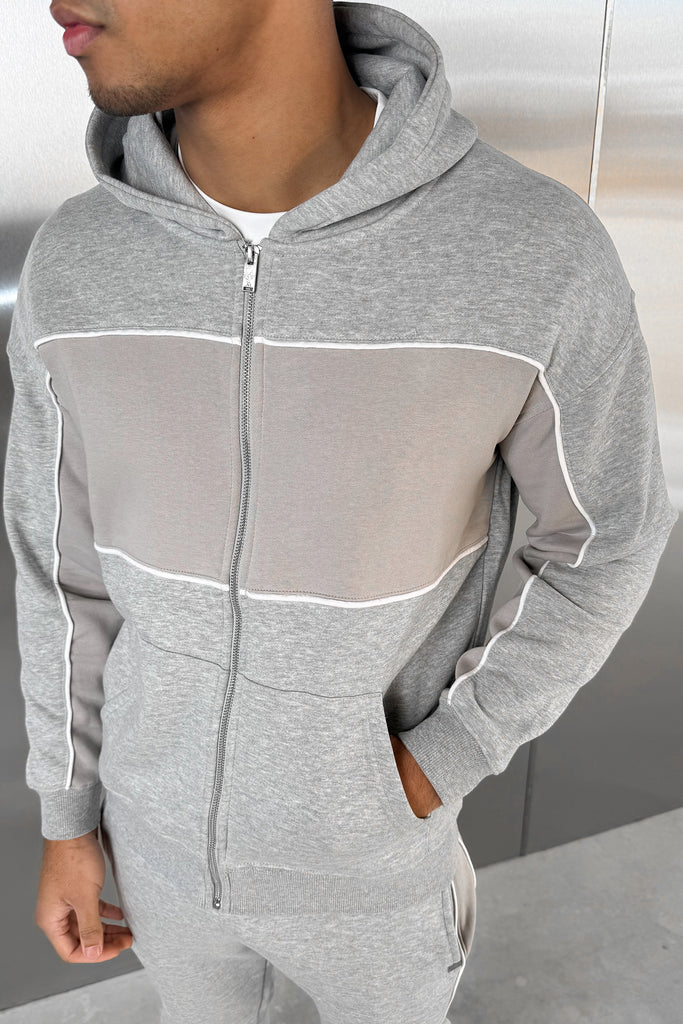 Panelled Relaxed Zip Through Hoodie - Grey Marl