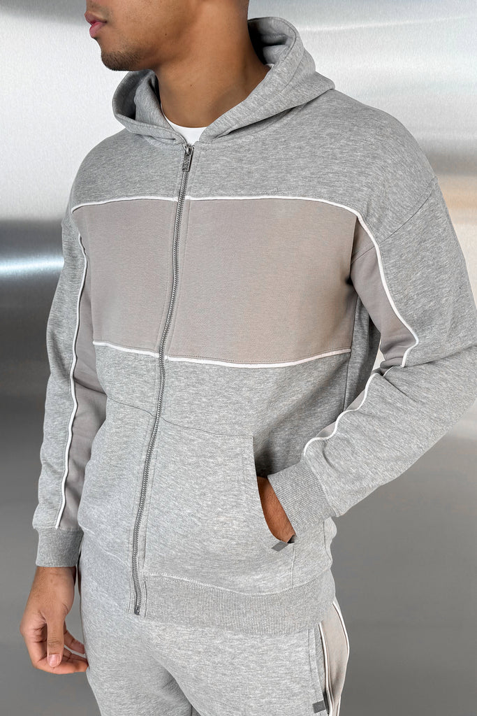 Panelled Relaxed Zip Through Hoodie - Grey Marl