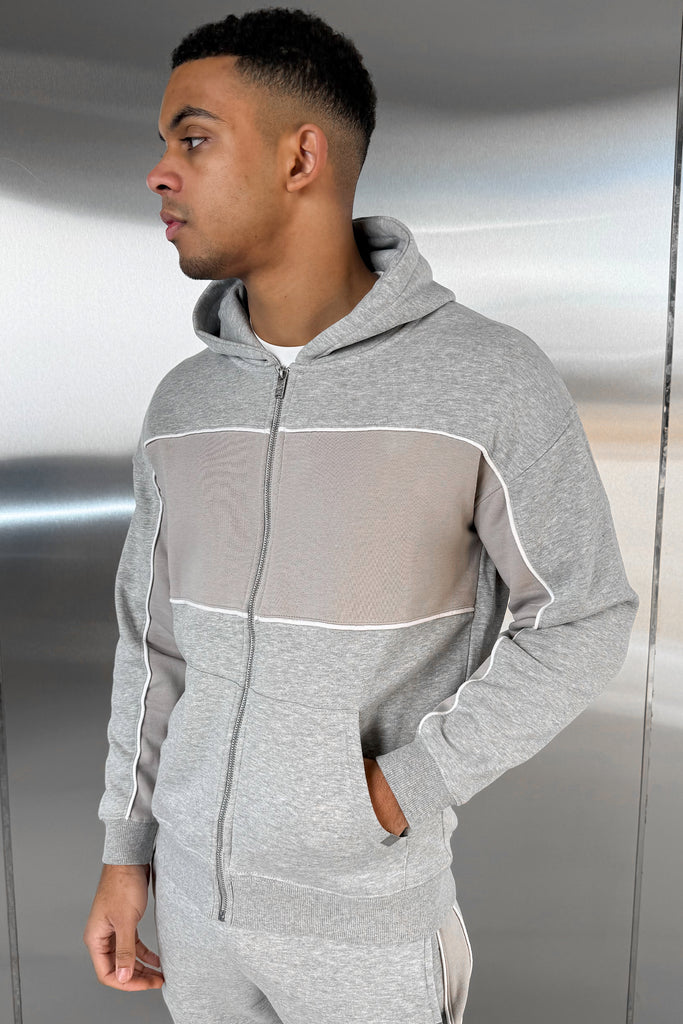 Panelled Relaxed Zip Through Hoodie - Grey Marl