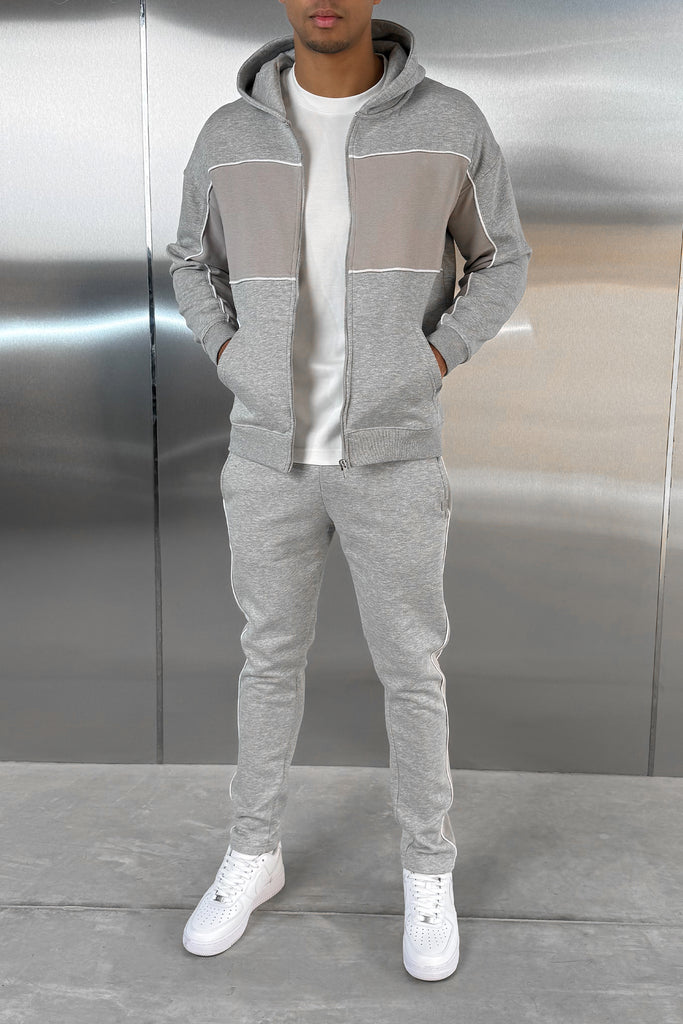 Panelled Relaxed Zip Through Hoodie - Grey Marl