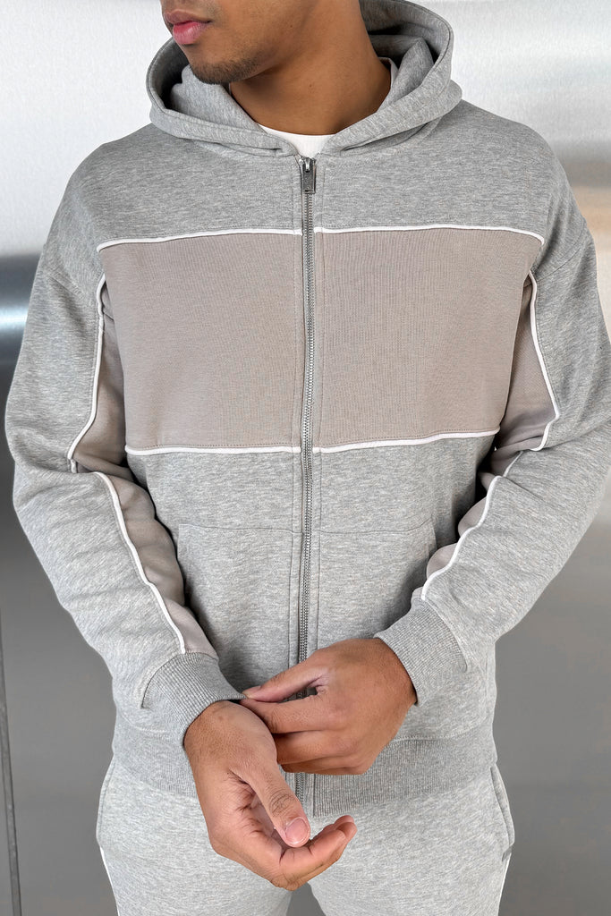 Panelled Relaxed Zip Through Hoodie - Grey Marl