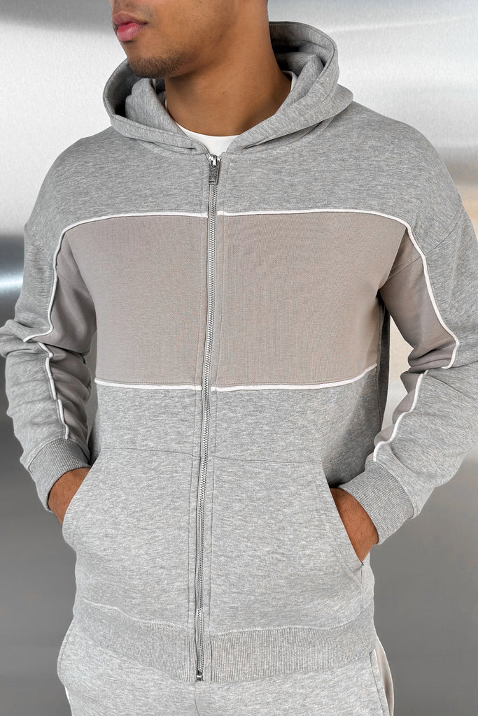 Panelled Relaxed Zip Through Hoodie - Grey Marl