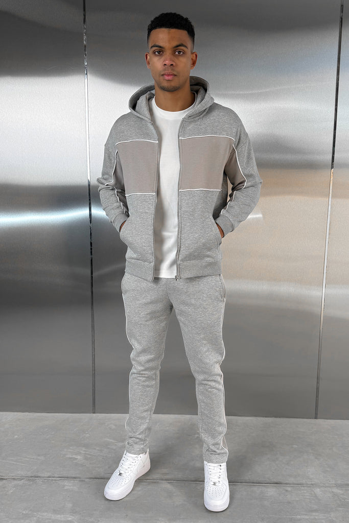 Panelled Relaxed Zip Through Hoodie - Grey Marl