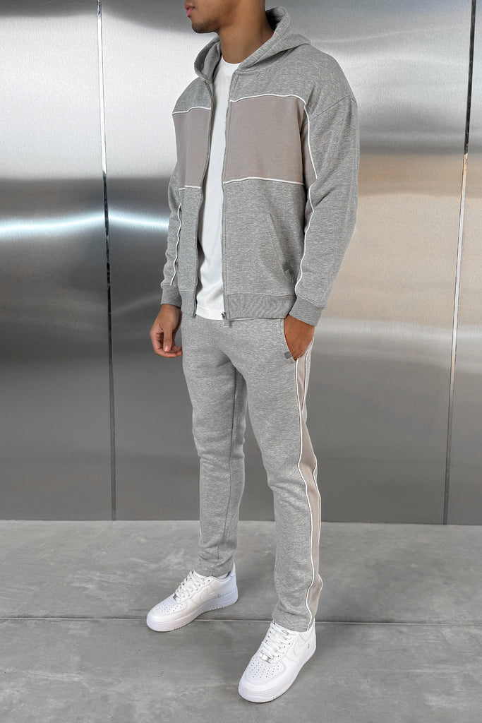 Panelled Relaxed Zip Through Hoodie - Grey Marl