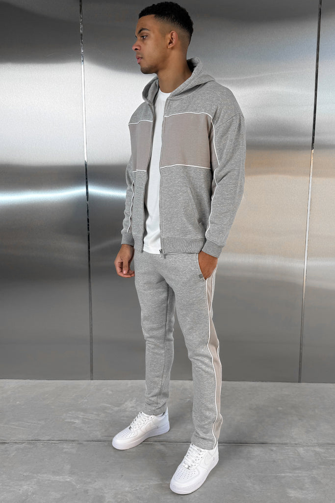 Panelled Relaxed Zip Through Hoodie - Grey Marl