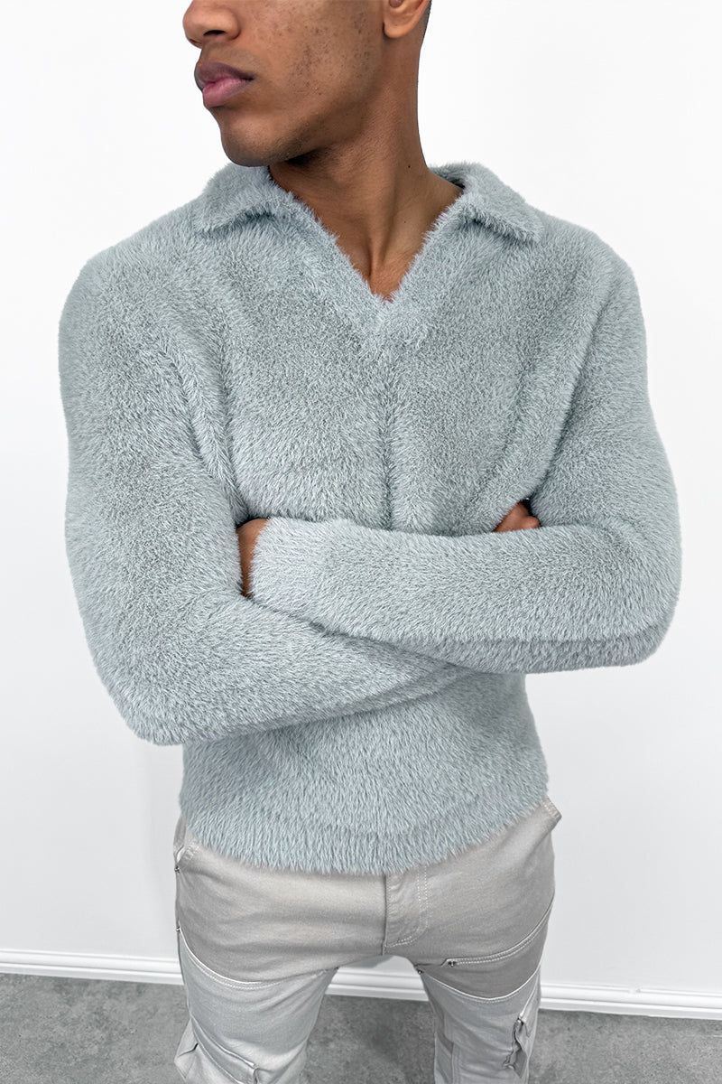 Open Neck Mohair Polo Pullover - Grey