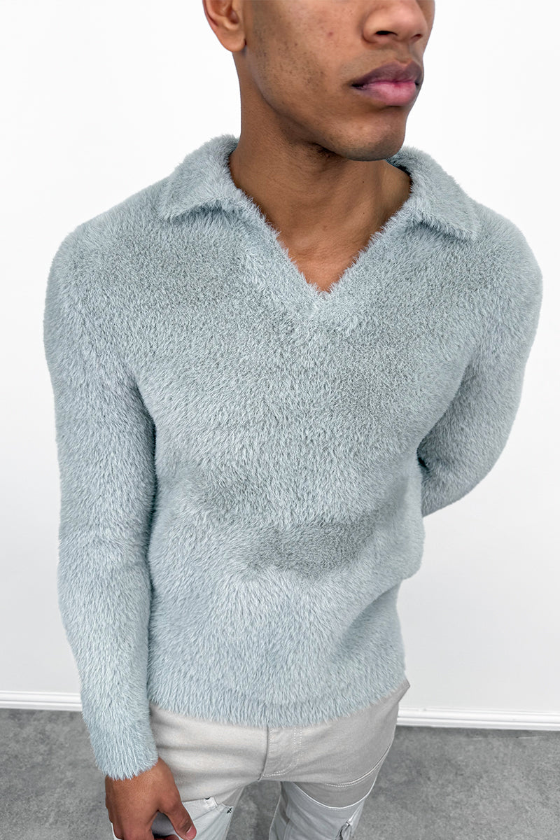 Open Neck Mohair Polo Pullover - Grey