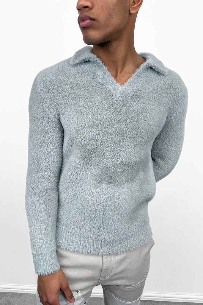 Open Neck Mohair Polo Pullover - Grey