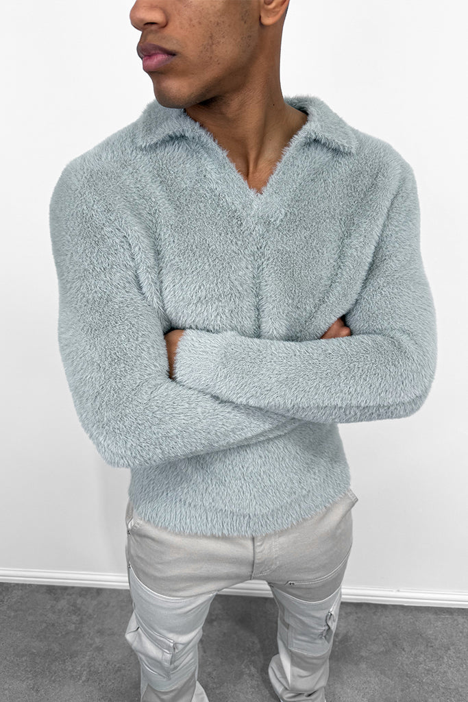 Open Neck Mohair Polo Pullover - Grey