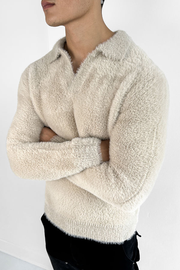 Open Neck Mohair Polo Pullover - Taupe