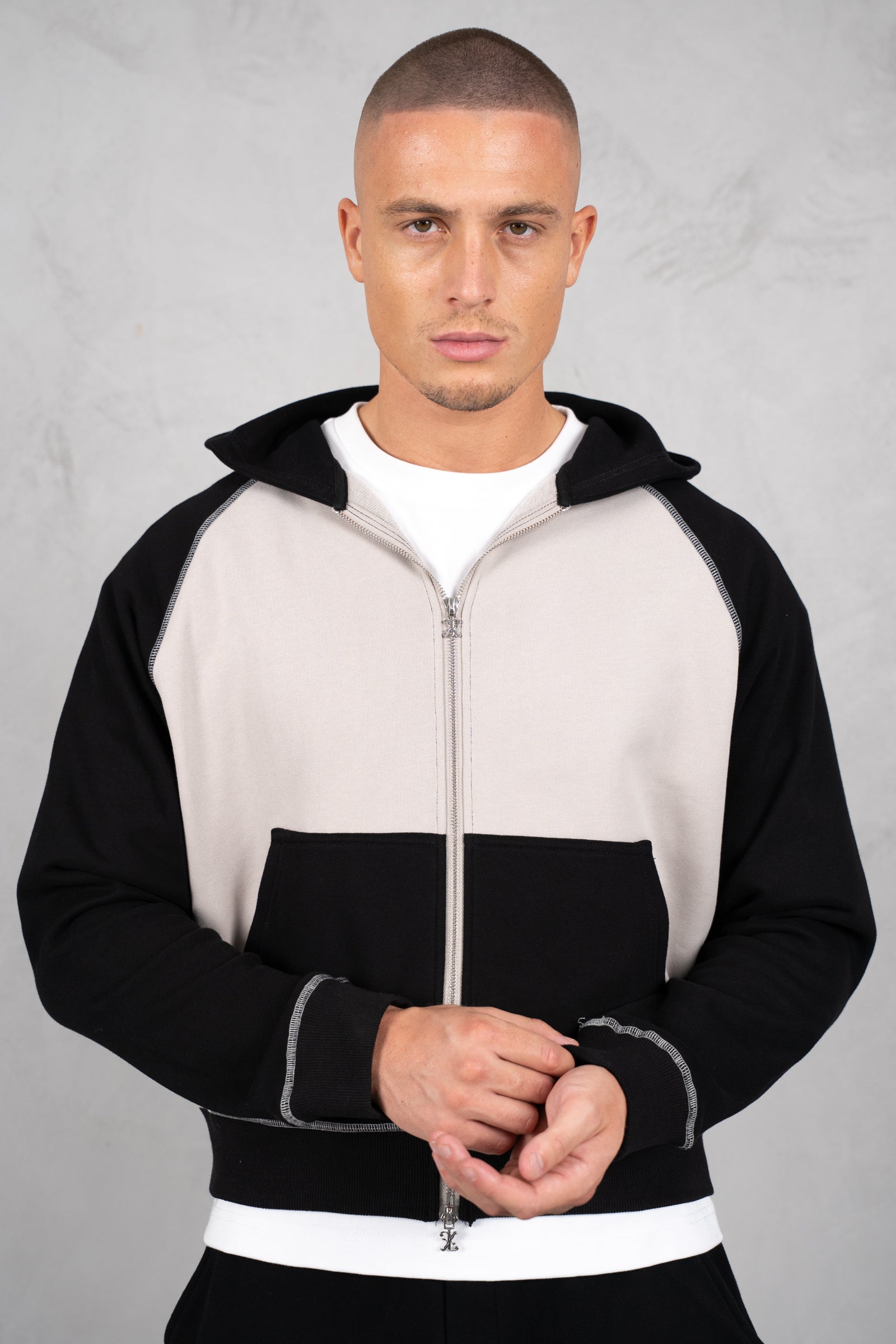 Panelled Contrast Stitch Hoodie - Black/Stone