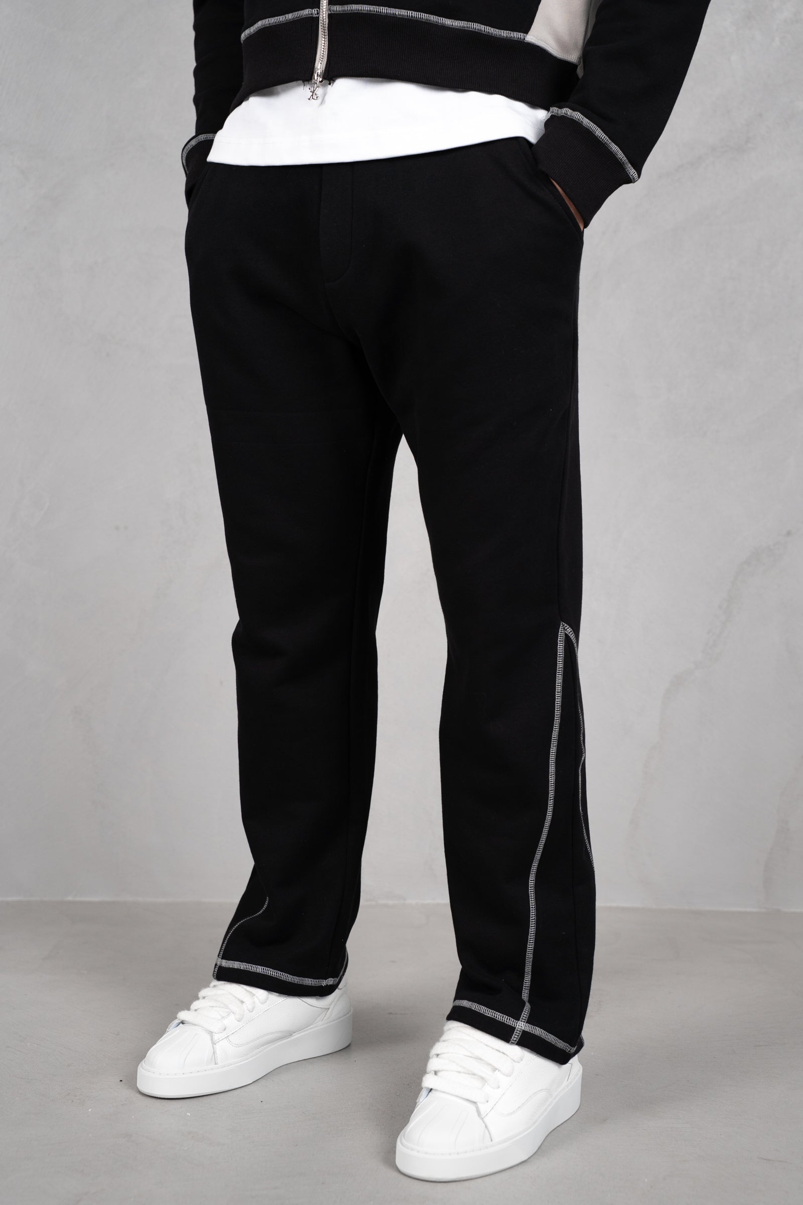 Panelled Contrast Stitch Jogger - Black/Stone