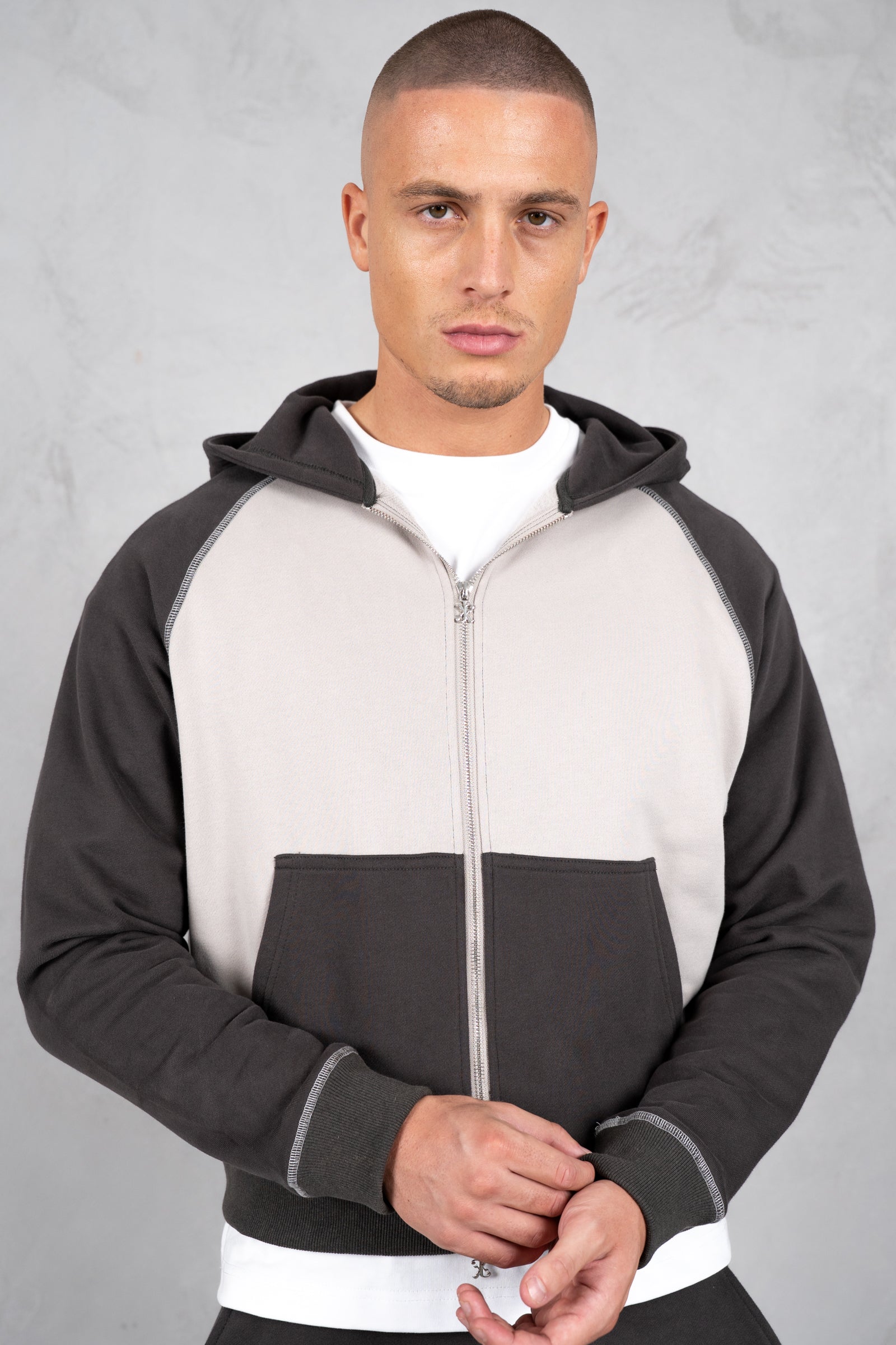 Panelled Contrast Stitch Hoodie - Charcoal/Grey