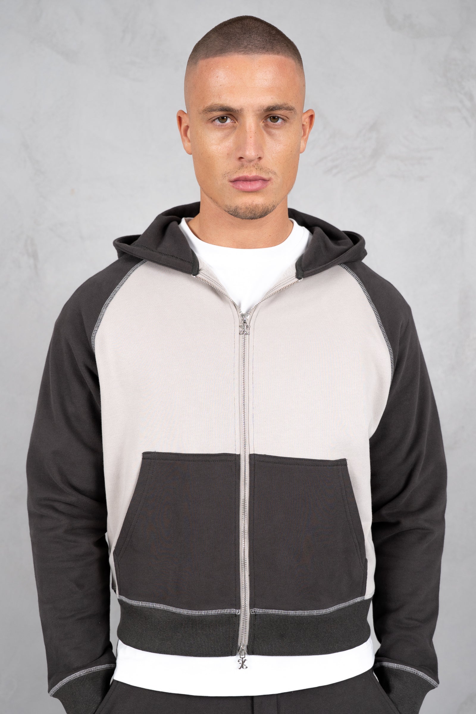 Panelled Contrast Stitch Hoodie - Charcoal/Grey