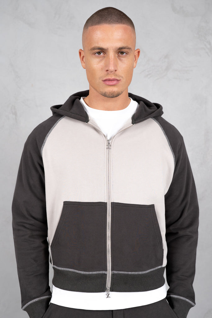 Panelled Contrast Stitch Hoodie - Charcoal/Grey