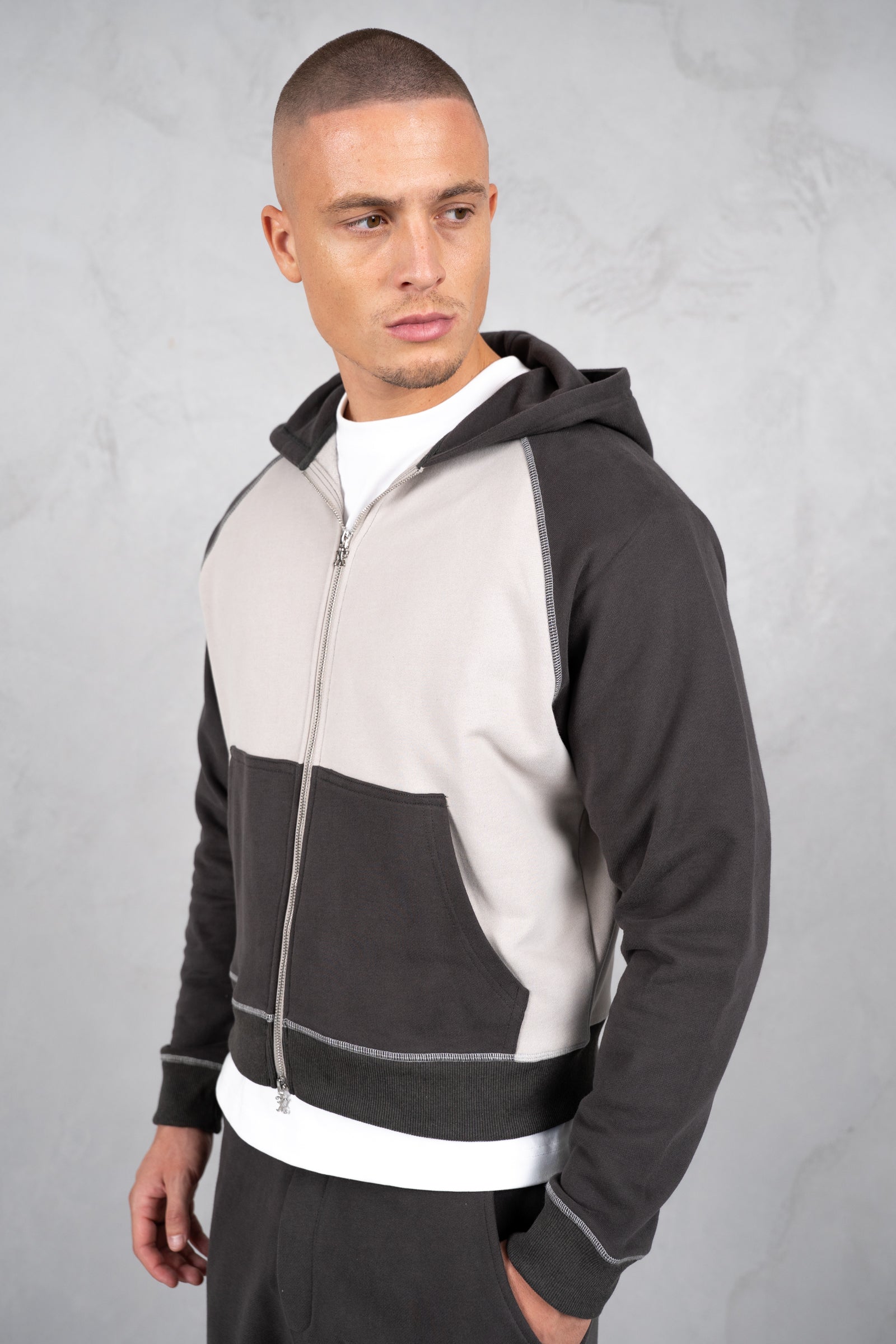 Panelled Contrast Stitch Hoodie - Charcoal/Grey