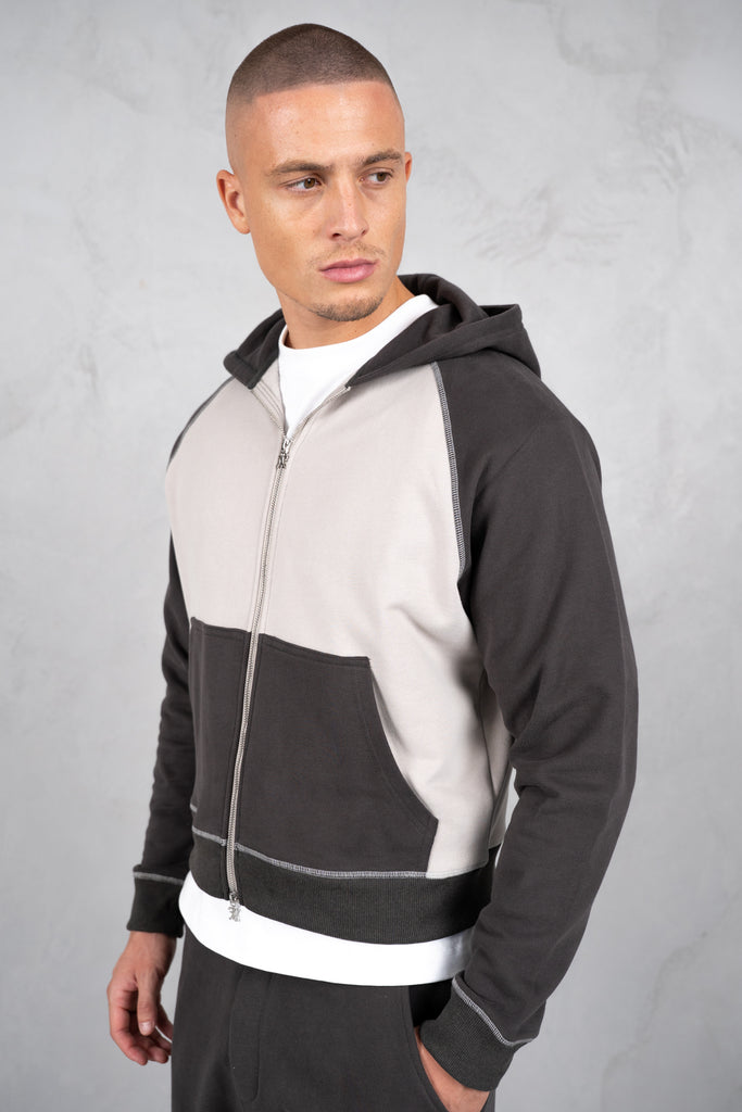 Panelled Contrast Stitch Hoodie - Charcoal/Grey