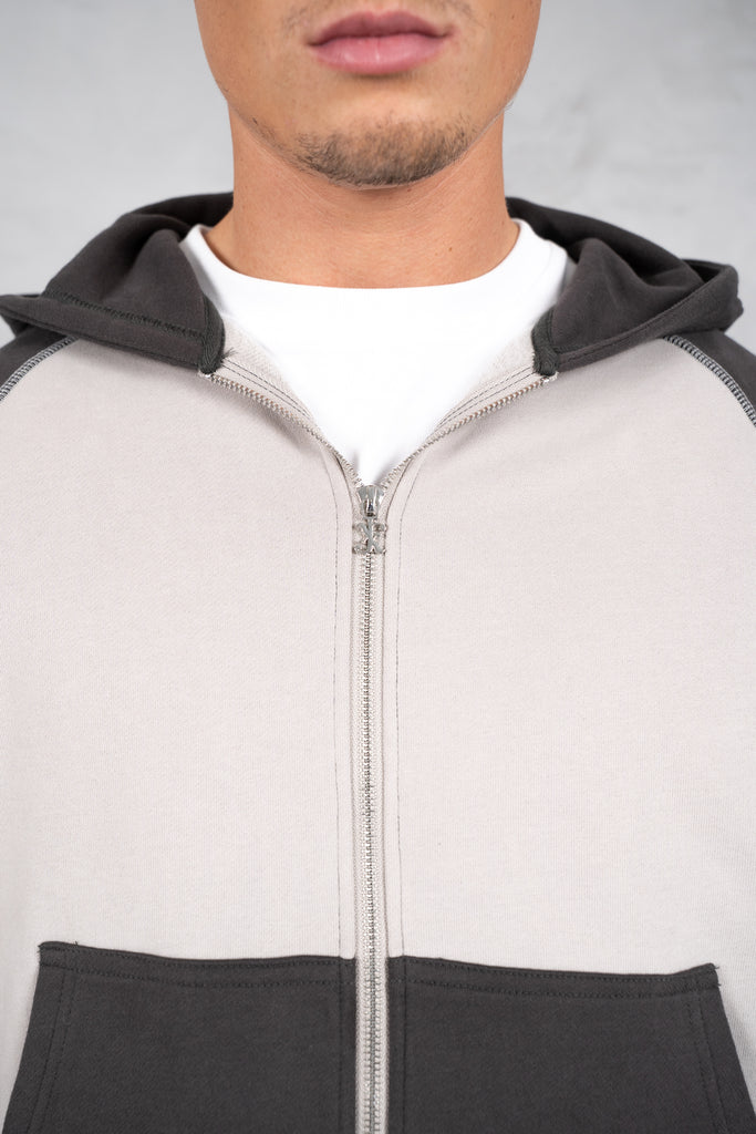 Panelled Contrast Stitch Hoodie - Charcoal/Grey