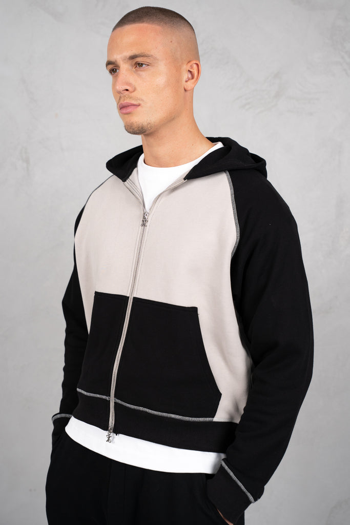 Panelled Contrast Stitch Hoodie - Black/Stone
