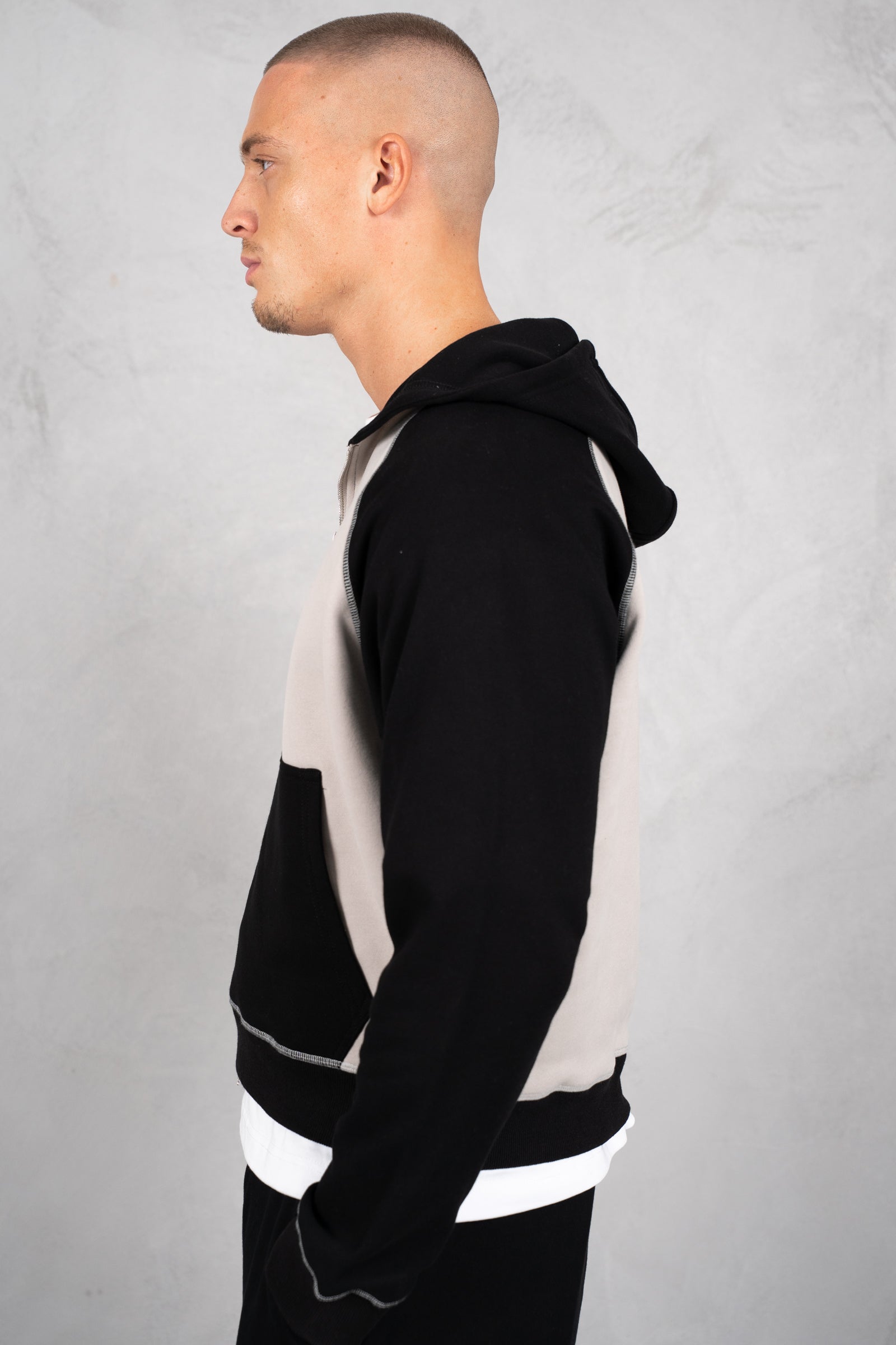 Panelled Contrast Stitch Hoodie - Black/Stone