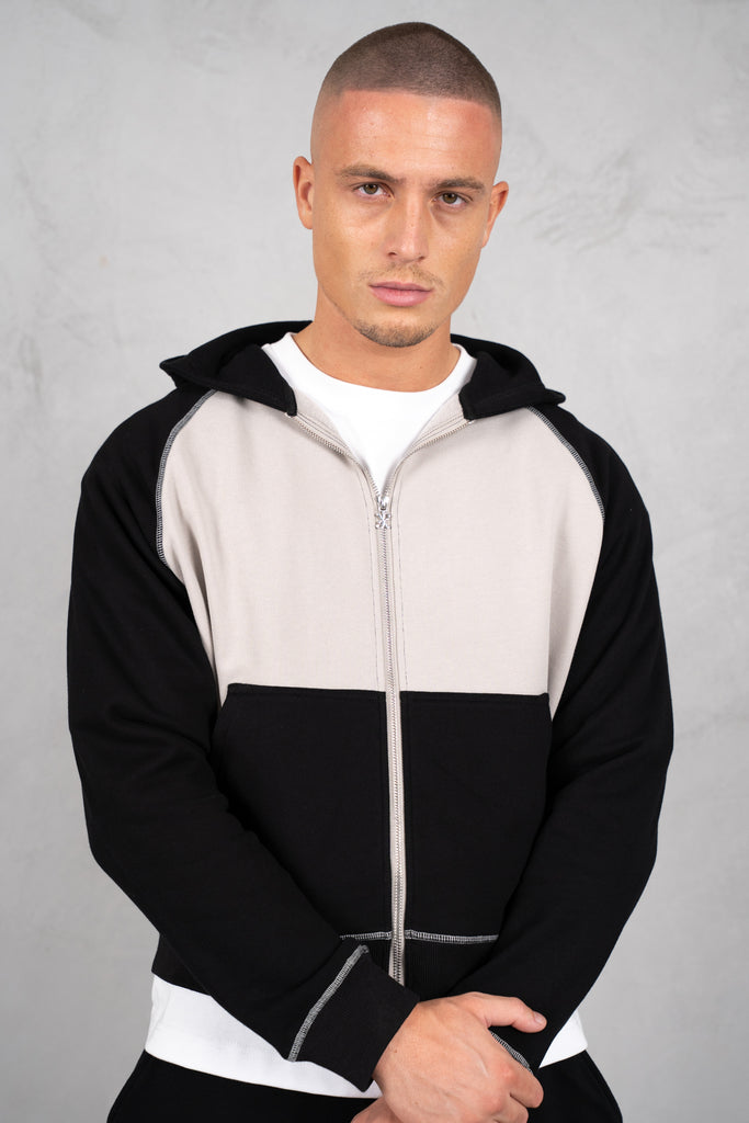 Panelled Contrast Stitch Hoodie - Black/Stone