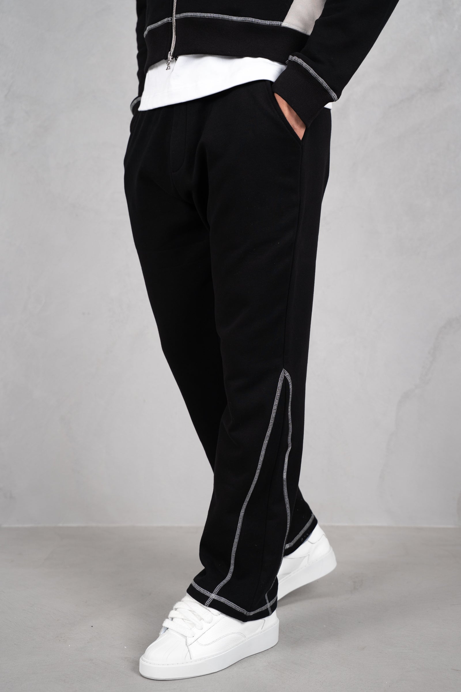 Panelled Contrast Stitch Jogger - Black/Stone