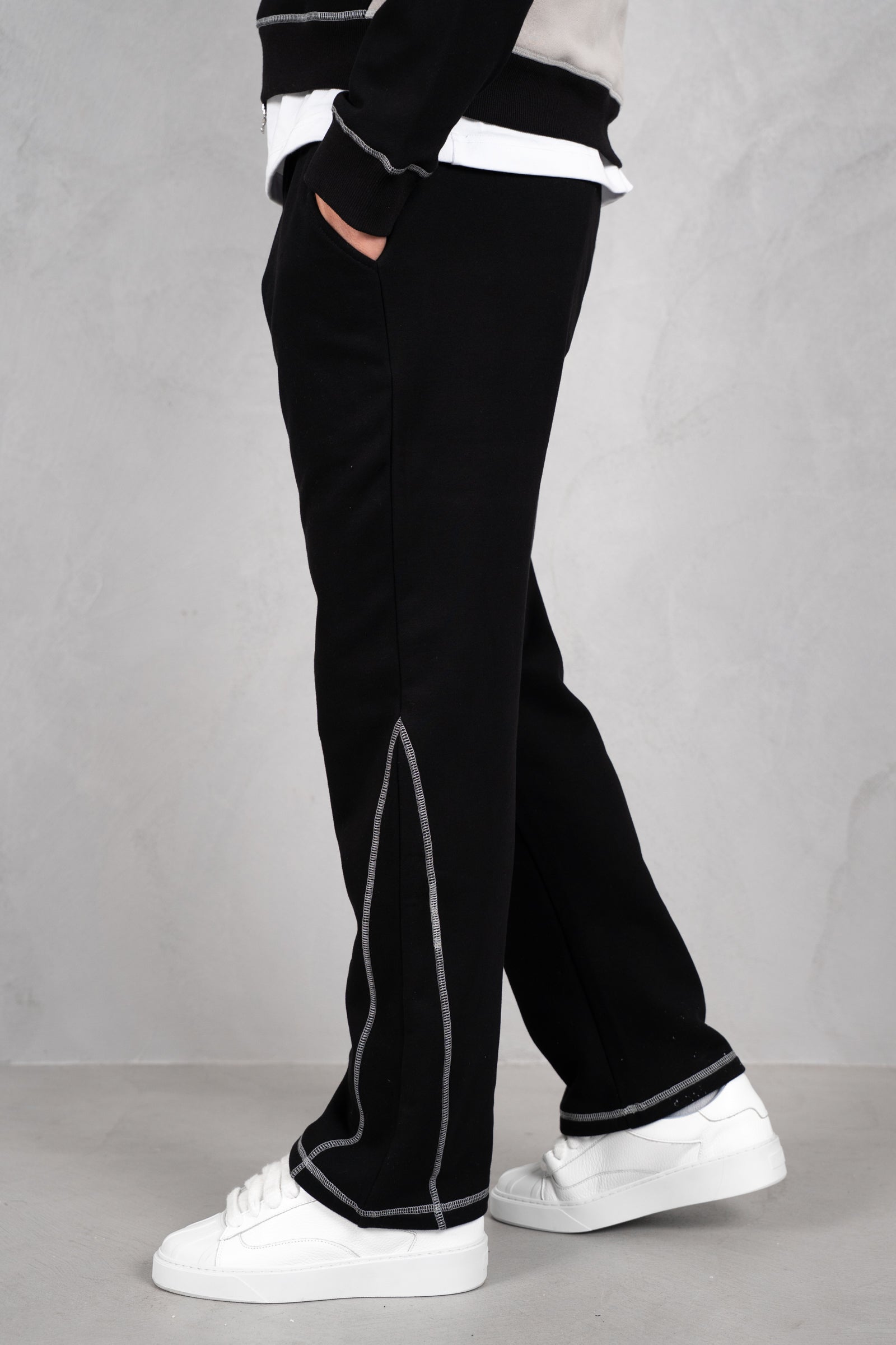 Panelled Contrast Stitch Jogger - Black/Stone