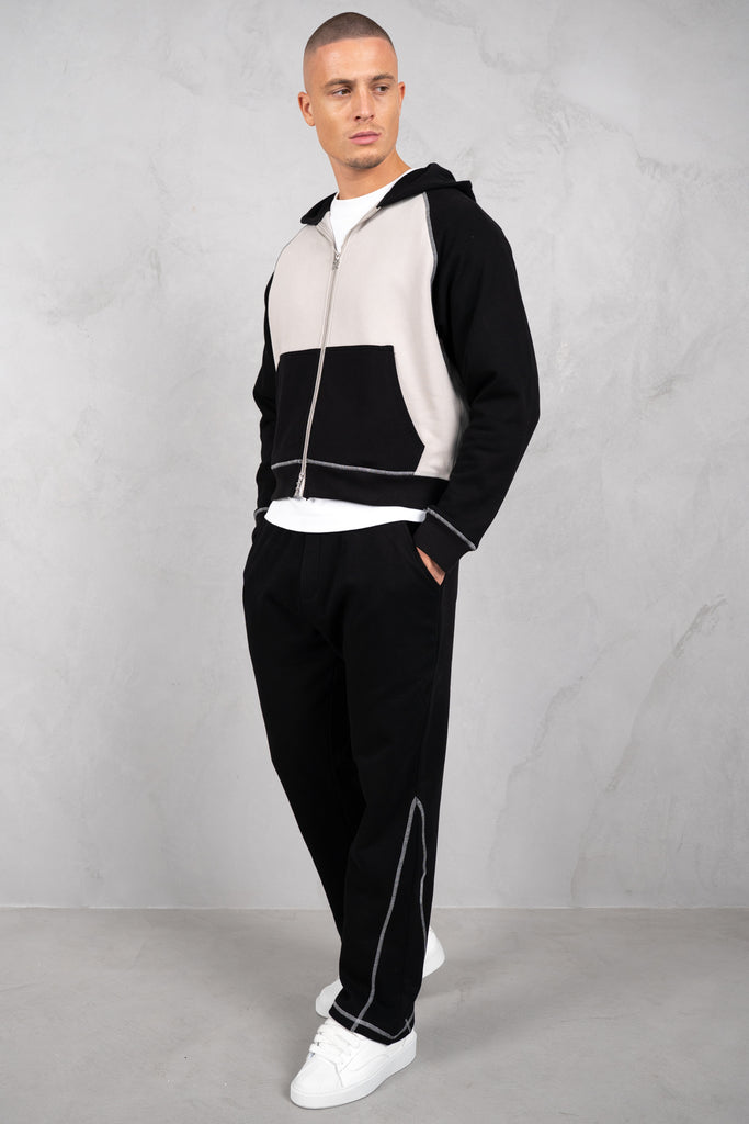 Panelled Contrast Stitch Hoodie - Black/Stone