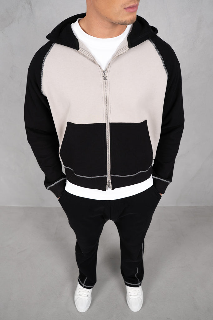 Panelled Contrast Stitch Hoodie - Black/Stone
