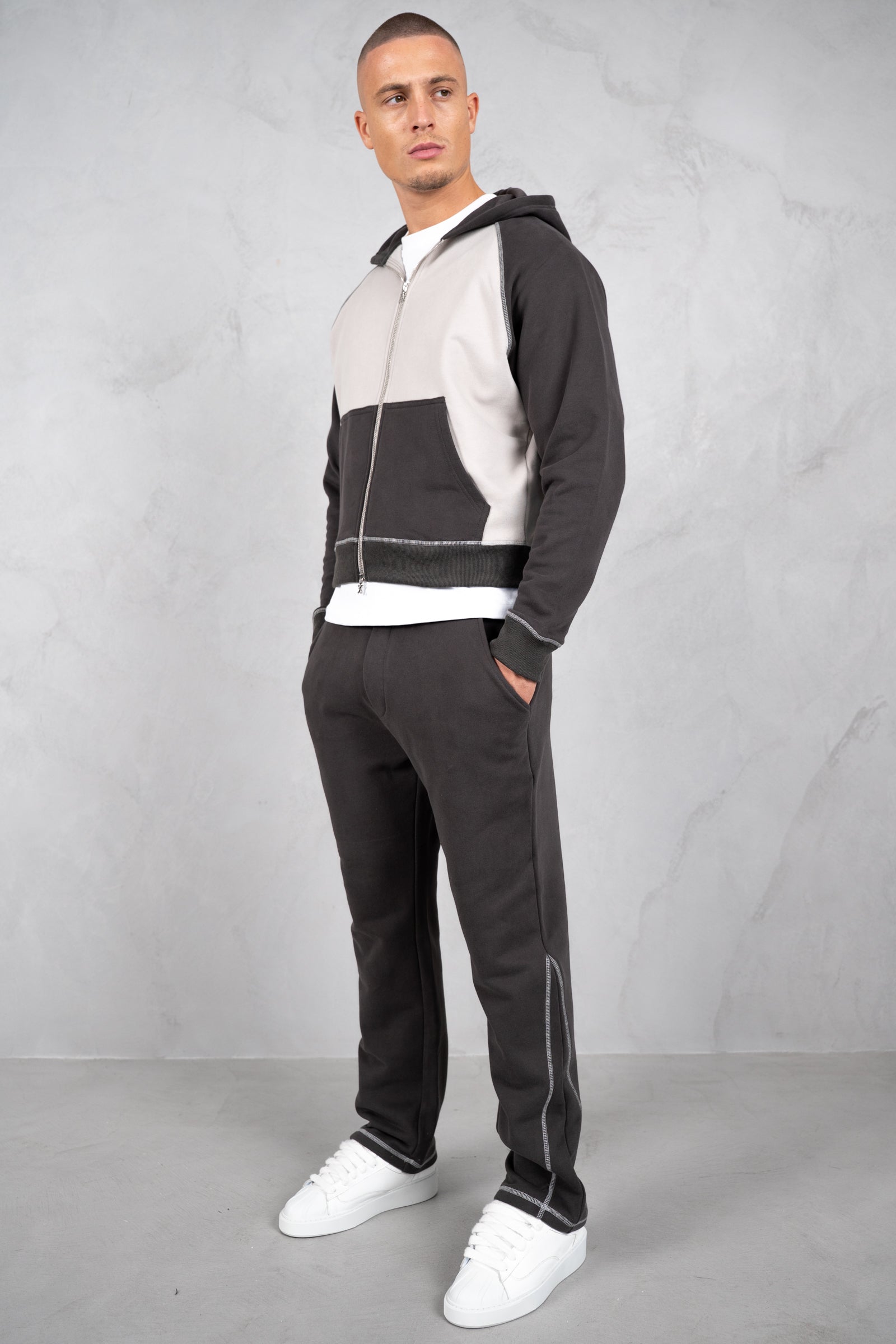 Panelled Contrast Stitch Jogger - Charcoal/Grey