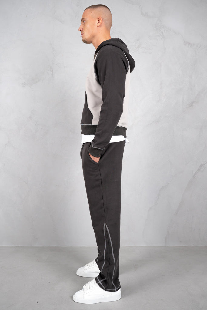 Panelled Contrast Stitch Hoodie - Charcoal/Grey
