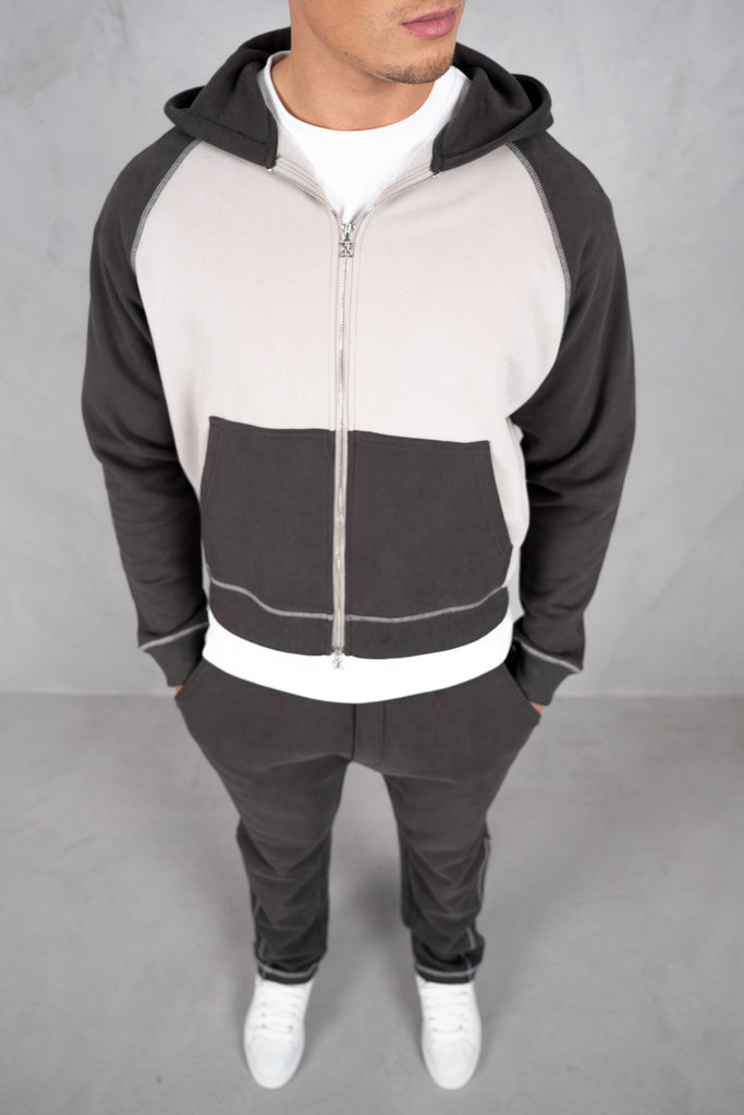 Panelled Contrast Stitch Hoodie - Charcoal/Grey