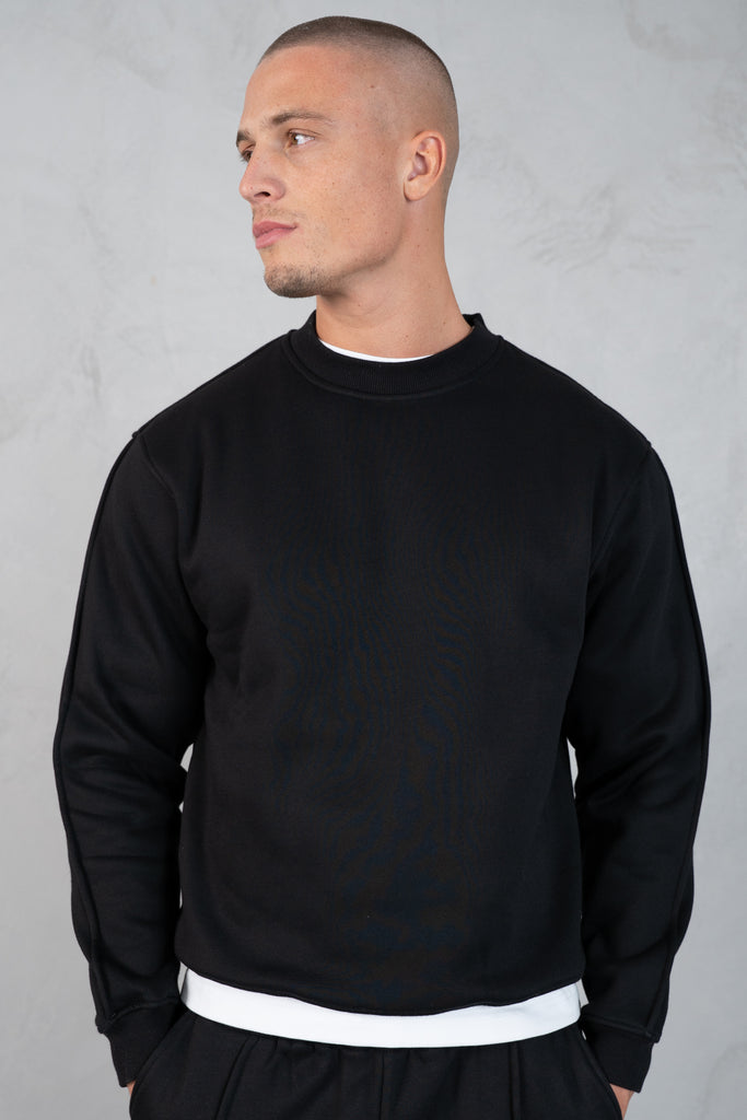 Extended Neck Crew Neck Sweatshirt - Black