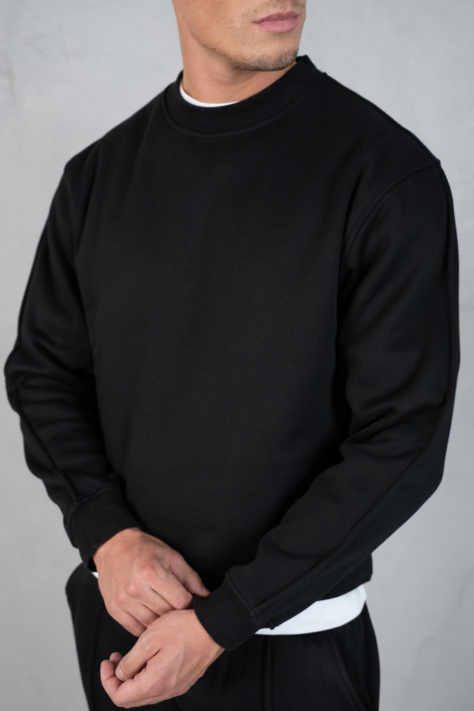 Extended Neck Crew Neck Sweatshirt - Black