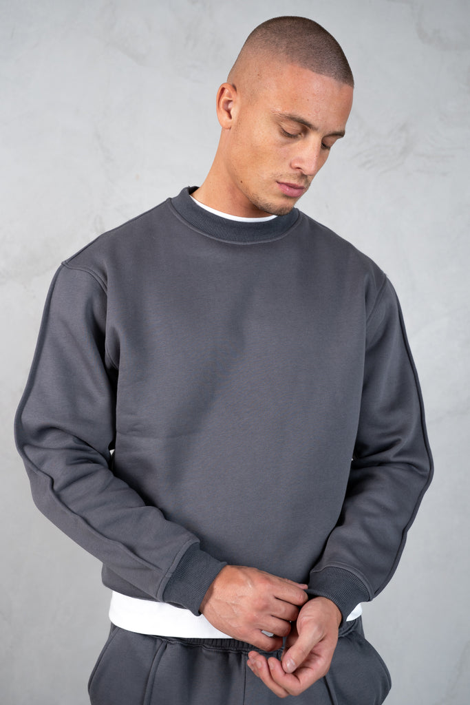 Extended Neck Crew Neck Sweatshirt - Charcoal