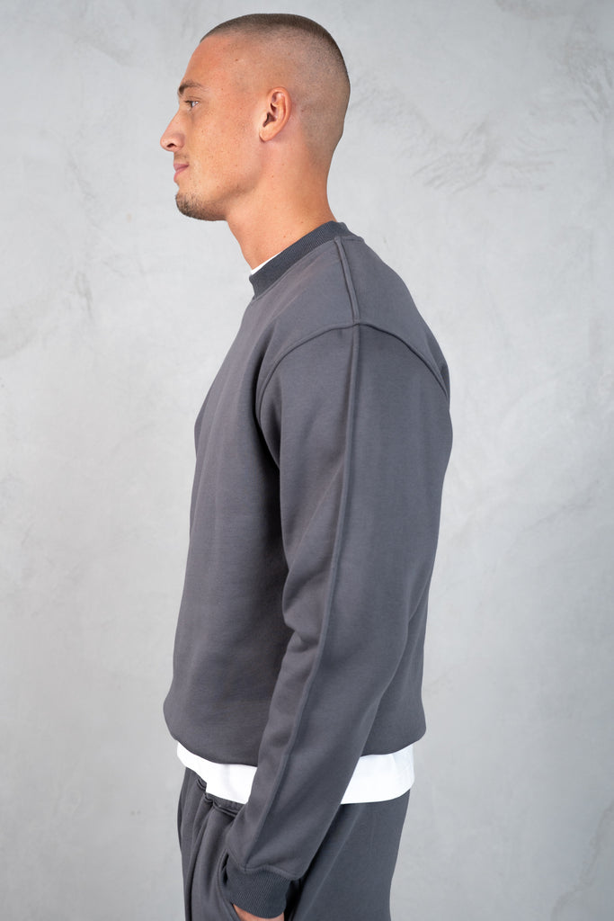 Extended Neck Crew Neck Sweatshirt - Charcoal