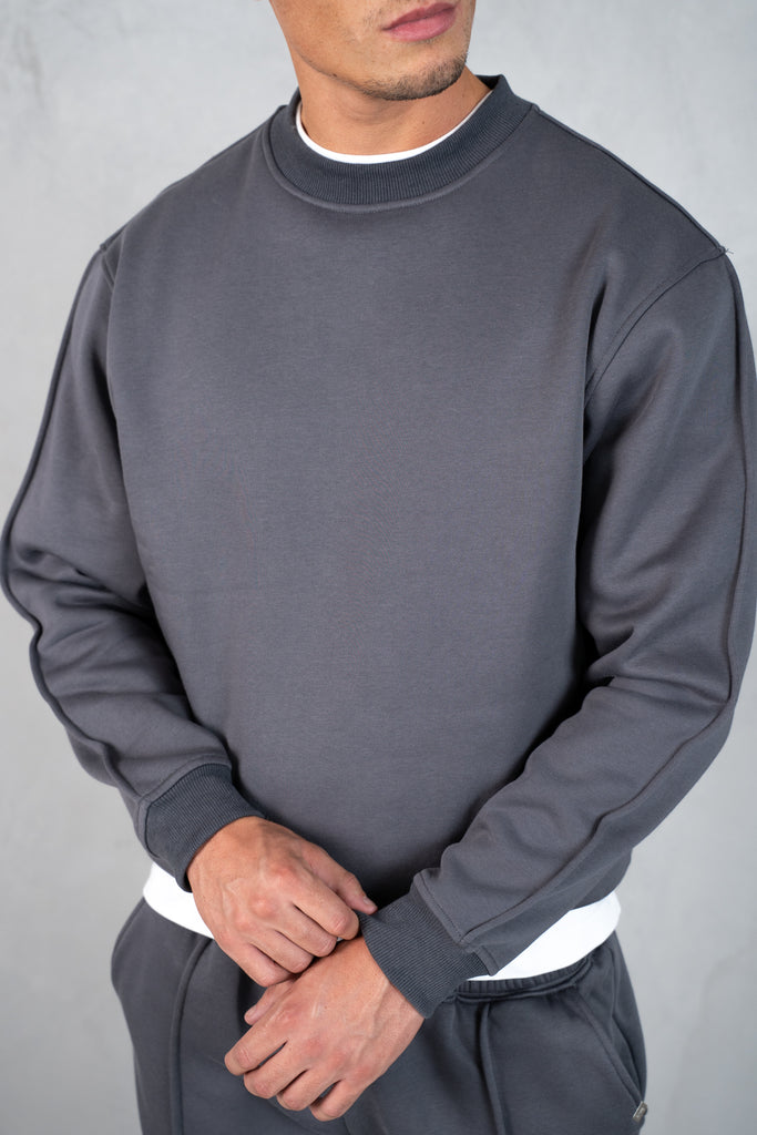 Extended Neck Crew Neck Sweatshirt - Charcoal