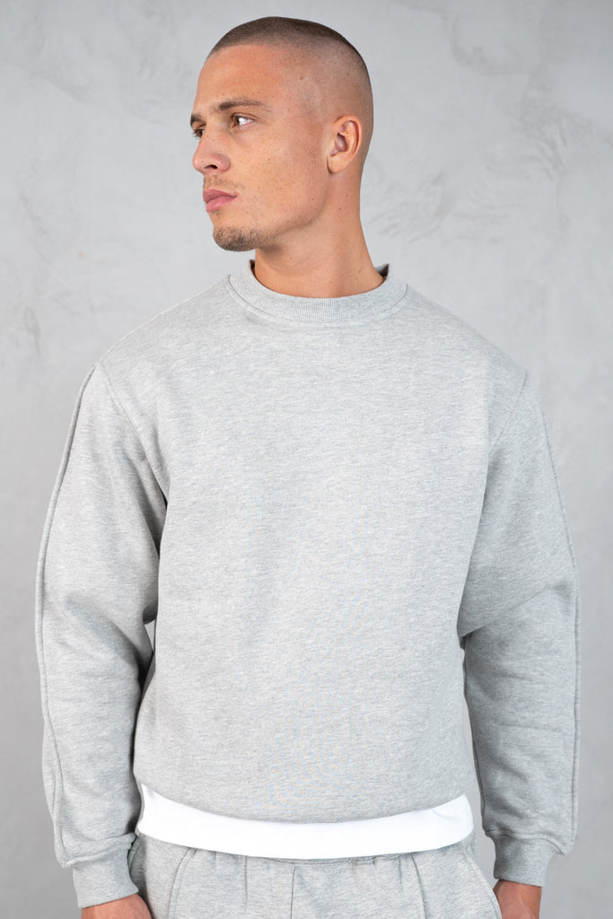 Extended Neck Crew Neck Sweatshirt - Grey Marl