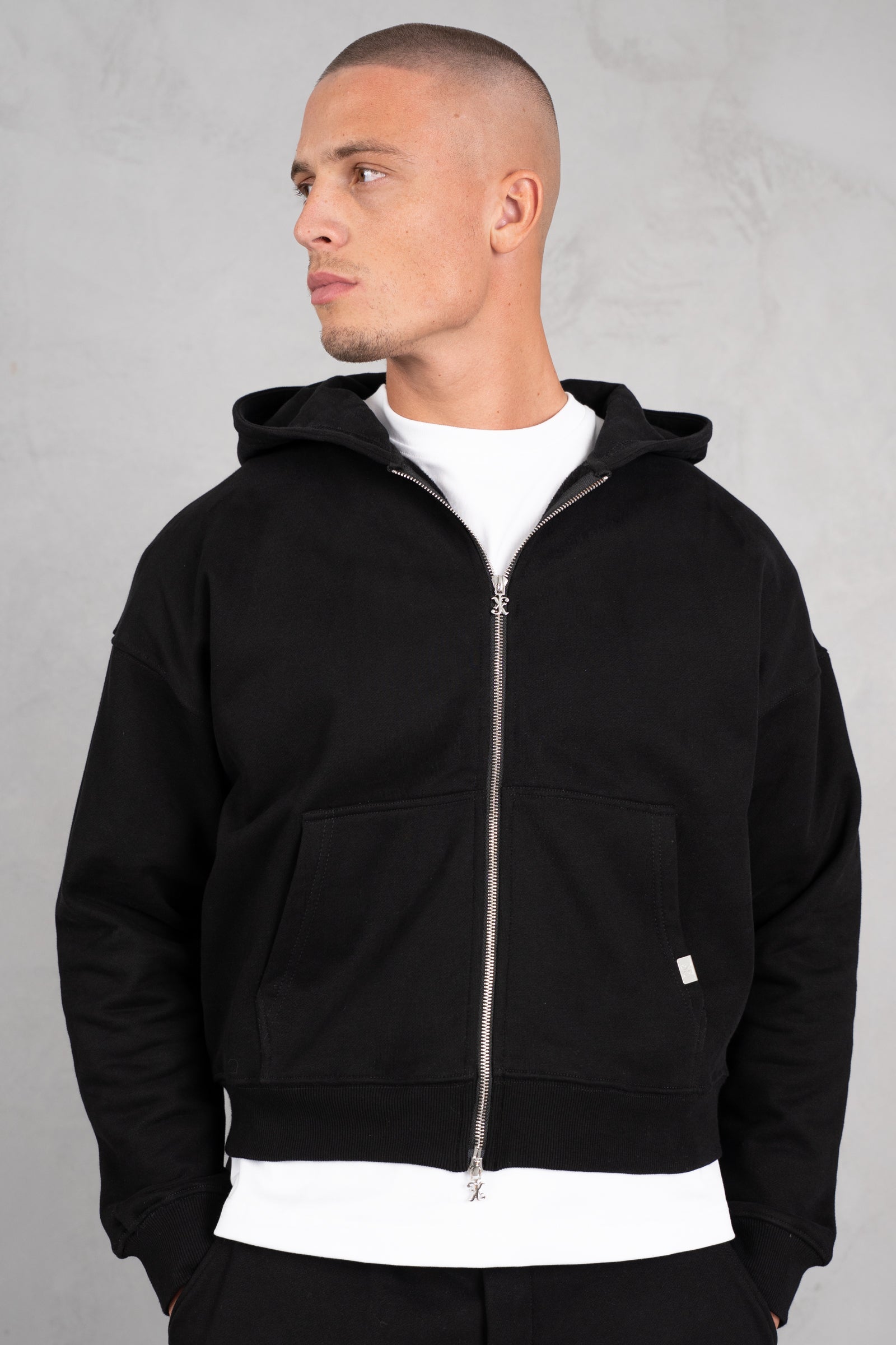 Premium Daily Boxy Double Zip Hoodie - Black