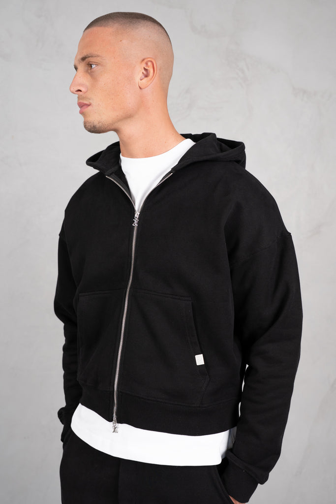 Premium Daily Boxy Double Zip Hoodie - Black