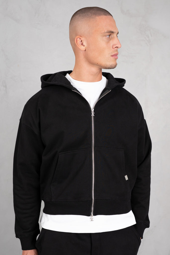 Premium Daily Boxy Double Zip Hoodie - Black