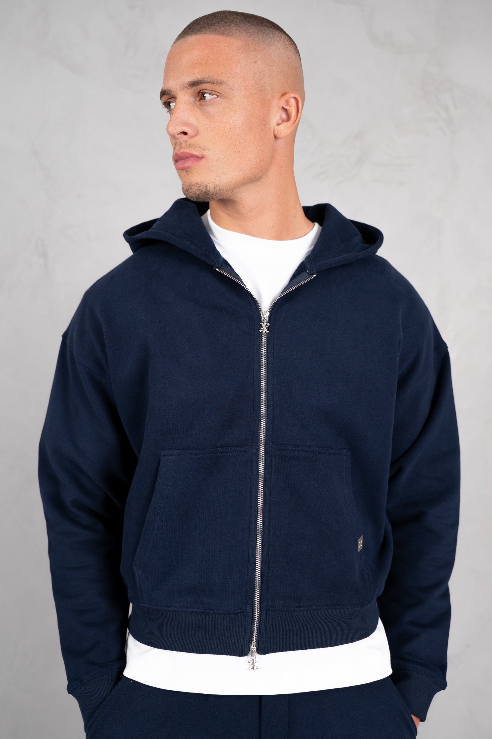 Premium Daily Boxy Double Zip Hoodie - Navy