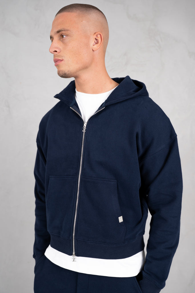 Premium Daily Boxy Double Zip Hoodie - Navy