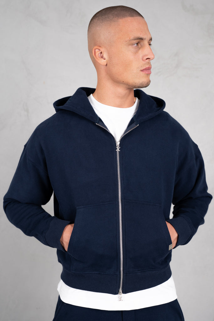 Premium Daily Boxy Double Zip Hoodie - Navy