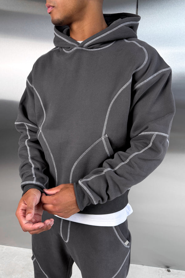 Contrast Stitch Pull Over Hoody - Charcoal